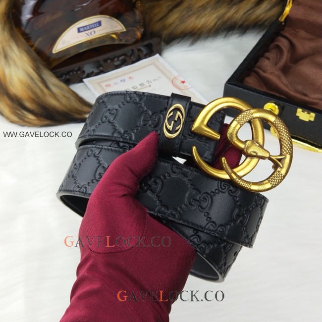 NEW Gucci Black Leather Belt with Snake G Buckle